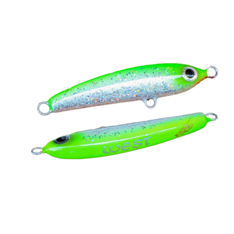 Load image into Gallery viewer, West Coast Poppers Reef Stick Sinking Stickbait-Lure - Poppers, Stickbaits & Pencils-West Coast Poppers-Fast Sink 35g-Green Disco Stu-Fishing Station