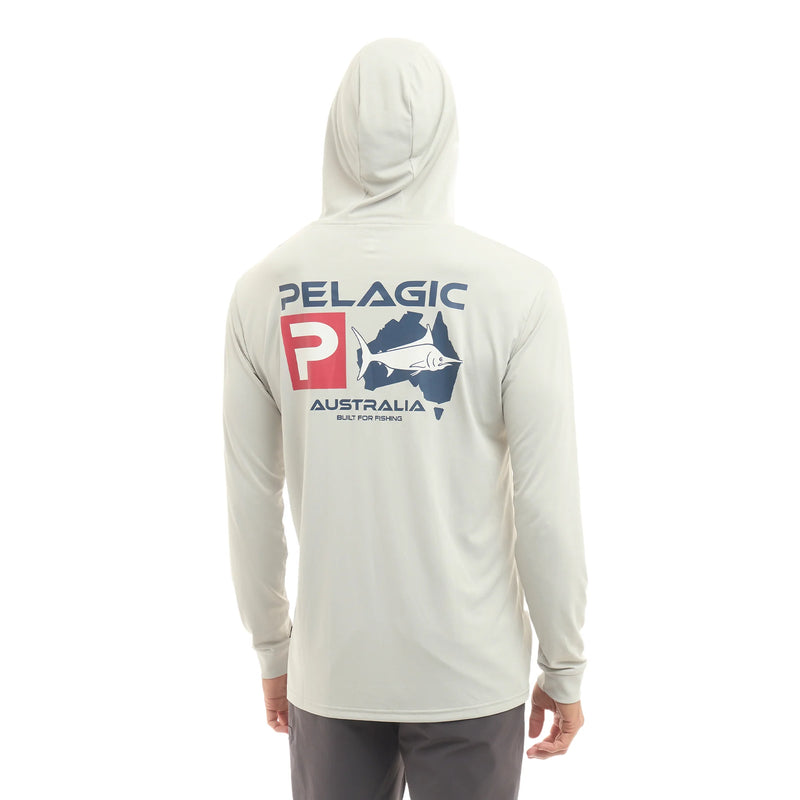 Load image into Gallery viewer, Pelagic Aquatek Hooded Fishing Shirt - Australian Map (Light Grey)