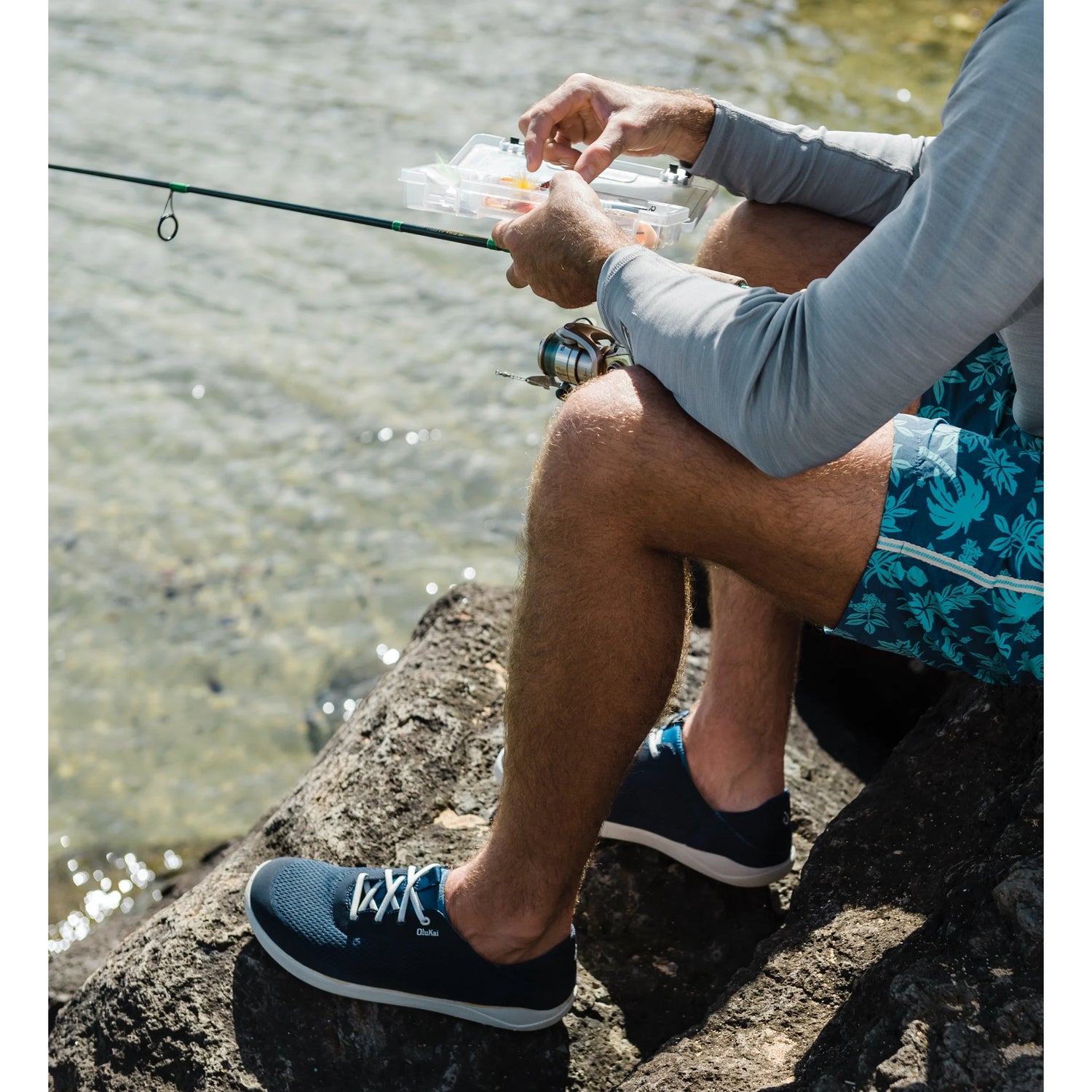 OluKai Moku Pae Mens Boat Shoes-Footwear-Olukai-Pavement / Vintage Blue-US 8-Fishing Station