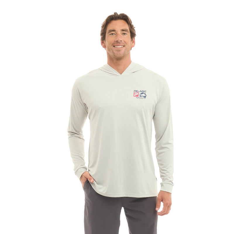 Load image into Gallery viewer, Pelagic Aquatek Hooded Fishing Shirt - Australian Map (Light Grey)
