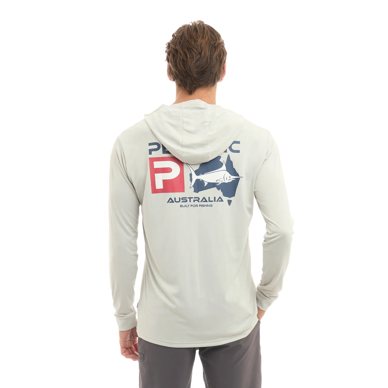 Load image into Gallery viewer, Pelagic Aquatek Hooded Fishing Shirt - Australian Map (Light Grey)
