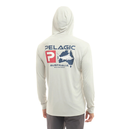 Pelagic Aquatek Hooded Fishing Shirt - Australian Map (Light Grey)