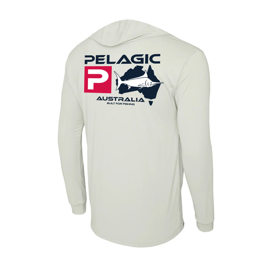 Pelagic Aquatek Hooded Fishing Shirt - Australian Map (Light Grey)